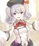  1girl :d beret blue_eyes blush breasts buttons epaulettes frilled_sleeves frills gloves grey_eyes grey_skirt hat jacket kantai_collection kashima_(kantai_collection) looking_at_viewer military military_uniform neckerchief open_mouth outstretched_arms pleated_skirt shovelwall sidelocks silver_hair skirt smile solo spread_arms twintails uniform upper_body wavy_hair white_gloves 