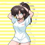  1girl adjusting_hair blue_eyes brown_hair casual cowboy_shot hair_tie kuonji_ukyou long_hair looking_to_the_side mouth_hold no_pants print_shirt ranma_1/2 shirt short_sleeves solo standing striped striped_background t-shirt wantan-orz white_shirt yellow_background 