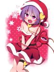  &gt;:o 1girl :o alternate_costume bangs bare_shoulders blush breasts choker cleavage collarbone cowboy_shot dress dress_tug embarrassed eyeball flying_sweatdrops hat heart komeiji_satori open_mouth pink_eyes purple_hair red_dress santa_costume santa_hat short_dress short_hair small_breasts snowflake_background solo strapless strapless_dress sweat thigh_strap third_eye touhou v_arms you_(noanoamoemoe) 