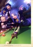  3boys 3girls :o absurdres archer billiards blue_eyes blue_hair caster cue_stick earrings fate/grand_order fate_(series) fujimaru_ritsuka_(male) highres jewelry kiyohime_(fate/grand_order) lancer multiple_boys multiple_girls nekotawawa official_art pink_hair pointy_ears pool_table sakura_saber type-moon white_hair 