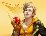  1boy 2016 artist_name blonde_hair blue_eyes dated emblem gloves grin highres holding holding_poke_ball hood hoodie jacket jewelry looking_to_the_side male_focus necklace nutthapon_petchthai orange_gloves pale_skin pectorals poke_ball pokemon pokemon_go realistic simple_background smile smirk solo spark_(pokemon) spiky_hair stitches team_instinct upper_body watermark yellow_background 