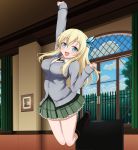  1girl black_legwear blonde_hair blue_eyes boku_wa_tomodachi_ga_sukunai butterfly_hair_ornament fang green_skirt hair_ornament kashiwazaki_sena kneehighs long_hair open_mouth pleated_skirt school_uniform shiden_(john_shiden) skirt solo window 