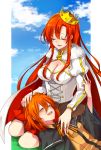  2girls ahoge blush boudica_(fate/grand_order) breasts cape capelet cleavage closed_eyes corset crown fate/grand_order fate_(series) fujimaru_ritsuka_(female) fur_trim highres horonosuke lap_pillow large_breasts long_hair lying multiple_girls on_back open_mouth orange_hair redhead scrunchie side_ponytail sitting smile 