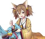  1girl :d animal_ears brown_hair cat_ears collarbone dragon feeding food hair_between_eyes hair_ribbon japanese_clothes kimono long_hair meat open_mouth pina_(sao) red_eyes red_ribbon ribbon silica_(sao-alo) smile solo sword_art_online transparent_background upper_body 