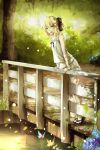  1girl ahoge alternate_costume bridge butterfly fate/stay_night fate_(series) flower forest highres hydrangea leaning_forward magicians_(zhkahogigzkh) nature railing saber saber_lily sandals solo tiptoes water 