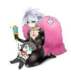  2boys black_hair blue_eyes bodysuit center_opening chibi earrings fate/apocrypha fate/grand_order fate_(series) fou_(fate/grand_order) fujimaru_ritsuka_(male) fur_trim gift_card jewelry karna_(fate) lying_on_person magatatara male_focus multiple_boys on_lap pale_skin rattle riyo_(lyomsnpmp)_(style) silver_hair simple_background smile translated uniform white_background 