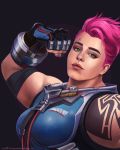  1girl armor artist_name breasts clenched_hand dated ears fingerless_gloves flexing gloves green_eyes highres lips looking_at_viewer medium_breasts muscle muscular_female nail_polish nose overwatch pink_hair pink_nails pose realistic ruthie_hammerschlag scar short_hair signature sleeveless smile solo tattoo upper_body zarya_(overwatch) 