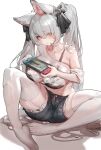  1girl absurdres animal_ears ass bangs bare_shoulders blush breasts eyebrows_visible_through_hair garter_straps grey_hair highres navel nintendo_switch original see-through shorts sitting solo spread_legs thigh-highs twintails white_legwear xlnosearch_(xlxiaoluodiaofa) yellow_eyes 