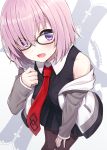  1girl :d black-framed_eyewear black_legwear black_shirt black_skirt blush breasts character_name collared_shirt eyebrows_visible_through_hair eyes_visible_through_hair fate/grand_order fate_(series) glasses hair_over_one_eye head_tilt highres hyuuga_azuri jacket lavender_hair leaning_forward looking_at_viewer medium_breasts necktie off_shoulder open_clothes open_jacket open_mouth pantyhose pleated_skirt red_necktie shield shielder_(fate/grand_order) shirt silhouette skirt sleeves_past_wrists smile solo violet_eyes white_background white_shirt wing_collar 