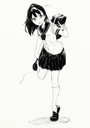  1girl :o adjusting_clothes adjusting_shoe bag black_hair black_skirt greyscale hand_up highres hiwatari_rin kneehighs loafers monochrome open_mouth original pleated_skirt ponytail school_bag school_uniform serafuku shoes short_sleeves shoulder_bag skirt solo standing standing_on_one_leg 