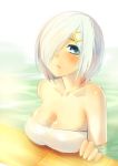  1girl absurdres bare_shoulders blue_eyes blush body_blush breast_rest breasts cleavage collarbone hair_ornament hair_over_one_eye hairclip hamakaze_(kantai_collection) head_tilt highres kantai_collection looking_at_viewer maao_you_you medium_breasts naked_towel parted_lips partially_submerged shiny shiny_skin silver_hair sketch solo towel upper_body water 