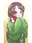  1girl brown_eyes brown_hair fang futatsuiwa_mamizou futatsuiwa_mamizou_(human) glasses hair_ornament hands_in_sleeves highres japanese_clothes leaf_hair_ornament open_mouth scarf smile touhou uho_(uhoyoshi-o) 
