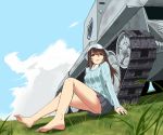  1girl arm_support barefoot black_eyes black_hair black_skirt breasts bt-42 clouds danny1128 day full_body girls_und_panzer grass ground_vehicle hat long_hair long_sleeves looking_at_viewer medium_breasts mika_(girls_und_panzer) military military_vehicle miniskirt motor_vehicle outdoors shirt sidelocks sitting skirt smile solo striped striped_shirt tank vertical-striped_shirt vertical_stripes 