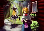  2girls absurdres alice_margatroid basket blonde_hair broom from_behind grass green_eyes hat headband highres kirisame_marisa long_hair looking_at_viewer looking_back multiple_girls plant shawl short_hair stone_lantern touhou witch_hat yuuuuuuuuuuuuka 