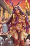  &gt;:o 1girl :o absurdres animal_ears bangs blonde_hair blunt_bangs breasts dark_skin earrings egyptian egyptian_clothes facial_mark fate/grand_order fate_(series) gold hair_tubes hairband highres hoop_earrings jewelry loincloth long_hair medium_breasts medjed midriff multicolored_hair navel nitocris_(fate/grand_order) pink_eyes purple_hair shiny shiny_skin sidelocks sitting stomach two-tone_hair very_long_hair yuureiko 