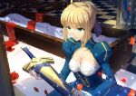  1girl ahoge avalon_(fate/stay_night) breasts canzhajiang checkered checkered_floor cleavage cleavage_cutout excalibur fate/stay_night fate_(series) flower green_eyes highres kneeling medium_breasts petals rose saber solo tile_floor tiles 