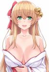  1girl :d bangs bare_shoulders bell blonde_hair blush bow breasts collarbone eyebrows_visible_through_hair fiona_belli green_eyes hair_bell hair_bow hair_ornament hair_ribbon hasu_(hk_works) japanese_clothes jingle_bell large_breasts long_hair long_sleeves looking_at_viewer meikyuu_tansaku_dragon_princess off_shoulder open_mouth pointy_ears red_bow ribbon-trimmed_sleeves ribbon_trim smile solo teeth upper_body wide_sleeves 