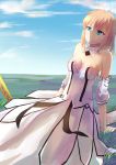  1girl ahoge arm_support bare_shoulders blue_eyes blue_sky breasts caliburn cleavage clouds detached_collar detached_sleeves dress fate/grand_order fate/stay_night fate_(series) grass highres saber saber_lily sitting_on_ground sky solo wujia_xiaozi 