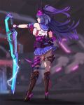  1girl arm_guards armband bangs benghuai_xueyuan black_gloves blue_skirt blurry blurry_background boots breasts brown_boots choudan closed_mouth crop_top electricity from_behind gloves high_heel_boots high_heels highres holding holding_sword holding_weapon honkai_impact legs_apart lightning_bolt long_hair looking_at_viewer looking_back mask mask_on_head mechanical_arm miniskirt pantyhose pleated_skirt ponytail power_armor power_sword purple_hair raiden_mei ribbon sailor_collar school_uniform serafuku shirt single_elbow_glove skirt sleeveless sleeveless_shirt solo standing sword thigh_strap torn_clothes torn_pantyhose violet_eyes weapon 