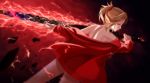  1girl blonde_hair fate/apocrypha fate/grand_order fate_(series) from_behind green_eyes highres lightning_bolt mukade_(siieregannsu) off_shoulder partially_undressed saber_of_red shoulder_blades solo sword thighs weapon 