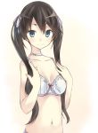  1girl bad_proportions blue_eyes blush bow bow_bra bra breasts brown_hair closed_mouth collar collarbone hiwatari_rin long_hair looking_at_viewer medium_breasts navel original panties red_bow skinny smile solo underwear underwear_only upper_body white_bra white_panties 