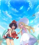  2girls bag beanie black_hair blonde_hair braid dress female_protagonist_(pokemon_sm) green_eyes green_shorts handbag hat kurochiroko lillie_(pokemon) long_hair multiple_girls open_mouth palm_tree pokedex pokemon pokemon_(game) pokemon_sm red_hat rotom see-through short_hair short_sleeves shorts sky sleeveless sleeveless_dress sun_hat tree twin_braids white_dress white_hat 