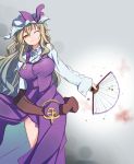  1girl ;) blonde_hair breasts closed_mouth cowboy_shot dress fan folding_fan furorina hat hat_ribbon large_breasts long_hair long_sleeves looking_at_viewer mob_cap one_eye_closed purple_dress purple_ribbon ribbon sidelocks smile solo touhou watatsuki_no_toyohime yellow_eyes 