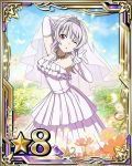  1girl breasts bridal_veil card_(medium) cleavage collarbone diadem dress glasses jewelry looking_at_viewer mole mole_on_breast necklace number one_eye_closed red_eyes see-through solo star strea sword_art_online veil wedding_dress white_dress 