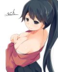  1girl artist_name black_eyes black_hair breasts cleavage hakama_skirt high_ponytail houshou_(kantai_collection) japanese_clothes kantai_collection large_breasts off_shoulder pleated_skirt sch signature skirt smile solo 