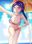  1girl beach_umbrella bikini breasts cleavage hand_on_hip large_breasts leaning_forward lens_flare long_hair looking_at_viewer love_live! love_live!_sunshine!! matsuura_kanan midriff navel outstretched_arm ponytail purple_hair solo striped striped_bikini swimsuit totsumotsu umbrella violet_eyes 