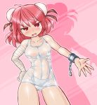  1girl bandaged_arm blush breasts cleavage collarbone cuffs d:&lt; double_bun hand_on_hip ibaraki_kasen jitome medium_breasts one-piece_swimsuit pink_eyes pink_hair school_swimsuit shackles solo swimsuit touhou white_school_swimsuit white_swimsuit winn 
