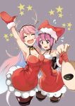  2girls :d alternate_costume bare_shoulders blush boku_girl breasts choker christmas christmas_costume cleavage closed_eyes commentary_request detached_sleeves dress eyelashes fujiwara_yumeko gloves hair_ornament happy highres long_hair looking_at_viewer mole multiple_girls official_art open_mouth pantyhose pink_eyes pink_hair red_dress red_gloves short_hair simple_background smile sugito_akira suzushiro_mizuki thigh-highs thighs 