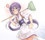  1boy 1girl 3:&lt; admiral_(kantai_collection) akebono_(kantai_collection) anger_vein apron blush broom carrying clothes_lift gloves hair_ornament japanese_clothes kantai_collection kimono kimono_lift military military_uniform naval_uniform nedia_r purple_hair uniform white_gloves yukata yukata_lift 