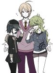  1boy 2girls ahoge akamatsu_kaede amami_rantarou baseball_cap black_hair blonde_hair cowboy_shot dangan_ronpa genderswap genderswap_(ftm) genderswap_(mtf) green_eyes green_hair hat jewelry multiple_girls musical_note necklace necktie new_dangan_ronpa_v3 orange_necktie pinstripe_pattern quaver saihara_shuuichi sailor_collar school_uniform short_hair shorts simple_background smile staff_(music) sweat sweater_vest taako_(daiya_0o0) violet_eyes white_background 