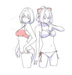  2girls adjusting_clothes adjusting_panties ass bikini blush_stickers breasts cleavage groin hair_ribbon halterneck hyuuga_(kantai_collection) ise_(kantai_collection) kantai_collection medium_breasts monochrome multiple_girls navel norakura_(nr_kura) panties ponytail ribbon side-tie_bikini side-tie_panties sketch sports_bikini spot_color swimsuit underwear 