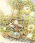  bench bird book brown_shoes butterfly cape cat ciro_ukai crown danian duck frog highres lamp lantern leaf mouse mushroom open_book original outdoors pillow plant shoes shoes_removed signature sleeping traditional_media tree watercolor_(medium) 