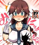  !? /\/\/\ 1girl 2017 bangs blue_eyes blush braid breast_grab breasts brown_hair dated gloves grabbing green_eyes groping kantai_collection large_breasts long_hair looking_at_viewer necktie nipples nose_blush noshiro_(kantai_collection) open_mouth richou_(zerozero1101) solo_focus surprised swept_bangs twin_braids upper_body white_gloves 