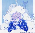  1boy 66_(roro) animal blue_background blue_eyes choker closed_eyes cue_stick heart lying male_focus manbou_no_ane on_stomach pink_hair seal simple_background sleeping tail twitter_username ukare_bakemono_no_hogaraka_na_hatan zzz 