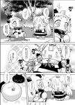  2girls acorn arms_up backpack bag bow chibi collar comic commentary_request enemy_aircraft_(kantai_collection) fang gloves greyscale hair_bow hair_flaps hair_ornament hairclip jewelry kantai_collection mittens monochrome multiple_girls neckerchief necklace northern_ocean_hime open_mouth randoseru remodel sako_(bosscoffee) scarf school_uniform serafuku shinkaisei-kan sitting sparkle_background star thermos translation_request tree tree_stump yuudachi_(kantai_collection) 
