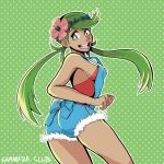  1girl :d artist_request ass breast_pocket breasts dark_skin denim flower from_behind green_eyes green_hair hair_flower hair_ornament long_hair looking_at_viewer looking_back mallow_(pokemon) medium_breasts open_mouth pocket pokemon pokemon_(game) pokemon_sm samanator_club sideboob smile solo trial_captain twintails 