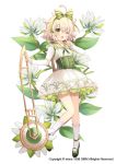  1girl ;d ahoge blonde_hair bobby_socks bow corset dress flower flower_knight_girl full_body green_bow green_eyes green_shoes hair_bow hakobera_(flower_knight_girl) looking_at_viewer mary_janes object_namesake official_art one_eye_closed open_mouth shiodome_oji shoes short_hair smile socks solo standing striped striped_bow white_dress white_legwear 