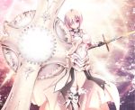  1girl akina_t alternate_hair_color armor armored_boots armored_dress bare_shoulders black_gloves boots bright_background commentary_request fate/grand_order fate_(series) gauntlets glasses gloves hair_over_one_eye highres holding holding_sword holding_weapon long_hair looking_at_viewer pink_hair shield shielder_(fate/grand_order) short_hair smile solo sword thigh-highs thigh_boots weapon 