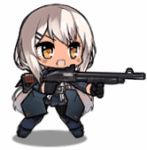  1girl :d animated animated_gif chibi full_body girls_frontline gun hair_ornament hairclip lowres mossberg_m590_(girls_frontline) open_mouth pump_action shotgun silver_hair smile weapon yellow_eyes 