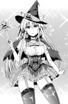  1girl :o alternate_costume animal_ears blouse bow bowtie breasts cape corset cowboy_shot dress elbow_gloves expressionless garter_straps gloves greyscale halloween halloween_costume hat hata_no_kokoro jack-o&#039;-lantern kemonomimi_mode lace lace-trimmed_thighhighs long_hair looking_at_viewer magical_girl medium_breasts miniskirt monochrome plaid plaid_skirt puffy_short_sleeves puffy_sleeves short_sleeves sidelocks skirt solo thigh-highs touhou wand witch_hat y2 