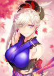  &gt;:) 1girl autumn_leaves bare_shoulders blurry blush breast_hold breasts closed_mouth crossed_arms depth_of_field detached_sleeves earrings fate/grand_order fate_(series) hair_ornament japanese_clothes jewelry kimono large_breasts looking_at_viewer miyamoto_musashi_(fate/grand_order) okitakung ponytail silver_hair smile solo upper_body violet_eyes 