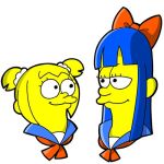  2girls :3 bangs bkub blunt_bangs bow face-to-face hair_bow long_hair lowres matt_groening_(style) multiple_girls parody pipimi poptepipic popuko sailor_collar short_twintails simple_background style_parody the_simpsons twintails white_background 