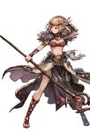  arm_guards armlet belt bikini_top blonde_hair brown_eyes capelet djeeta_(granblue_fantasy) full_body fur_trim granblue_fantasy holding jewelry minaba_hideo navel ring sandals short_hair side_slit simple_background skirt solo sorcerer_(granblue_fantasy) staff tiara white_background 