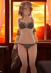  1girl blue_eyes blush bra breasts brown_hair classroom cleavage commentary_request frapowa looking_at_viewer love_live! love_live!_sunshine!! navel open_clothes open_shirt panties school_uniform shirt short_hair skirt solo sunset underwear undressing watanabe_you window 