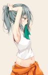  1girl adjusting_hair aqua_hair armpits arms_up bare_arms blush clothes_around_waist crop_top from_side grey_background groin kantai_collection long_hair midriff mouth_hold navel ponytail profile ribbon ribbon_in_mouth shiina_kuro simple_background solo tank_top upper_body yellow_eyes yuubari_(kantai_collection) 