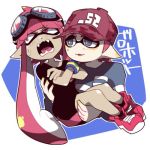  1boy 1girl baseball_cap carrying commentary_request crossed_arms domino_mask embarrassed fangs goggles goggles_on_head hat inkling long_hair lowres mask nana_(raiupika) pink_hair princess_carry splatoon tentacle_hair 
